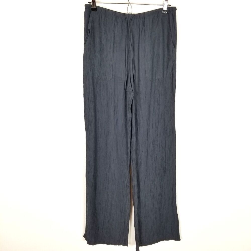 Zara Women Crinkle Textured Pull-On Pants Sz M Gray Wide Leg Drawstring Waist